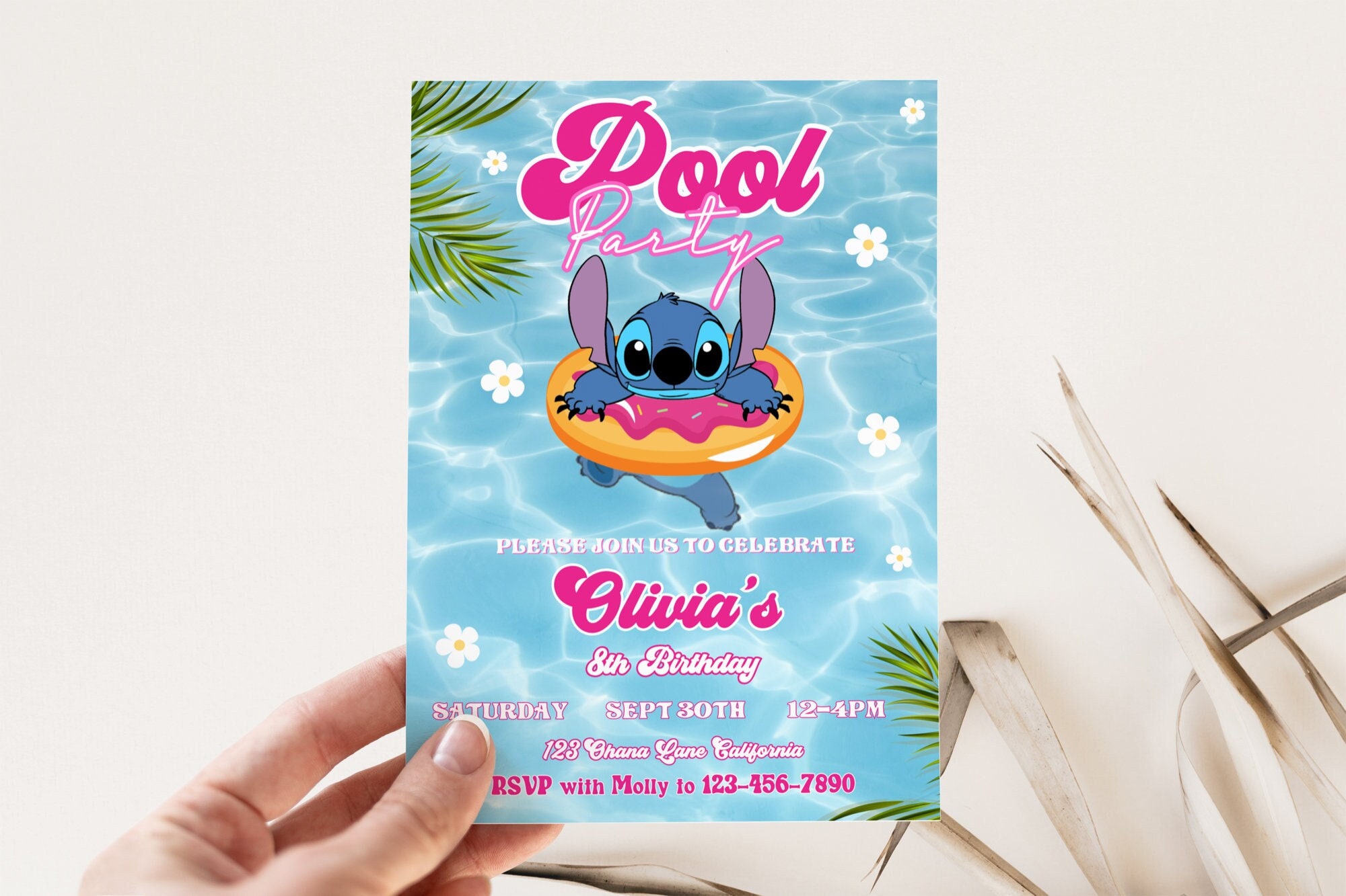 Stitch Birthday Invitation Template, FREE Thank You Card & Coloring Page,  Editable Watercolor Style, Printable Kids Beach Party Invitations 