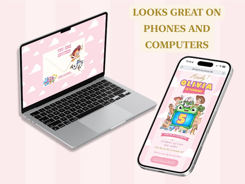 K&ouml;nnte beinhalten: Ein silberner Laptop und ein Smartphone, die eine digitale Geburtstagseinladungsvorlage mit rosa Wolkenhintergrund, Zeichentrickfiguren und dem Text "HOWDY! OLIVIA IS TURNING 5" sowie "LOOKS GREAT ON PHONES AND COMPUTERS" anzeigen.