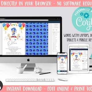 May include: A digital mockup of a Sonic the Hedgehog birthday invitation. The invitation is displayed on a computer screen, tablet, and smartphone. The invitation features a blue and white background with a cartoon image of Sonic the Hedgehog. The text on the invitation reads "Oliver is turning six".