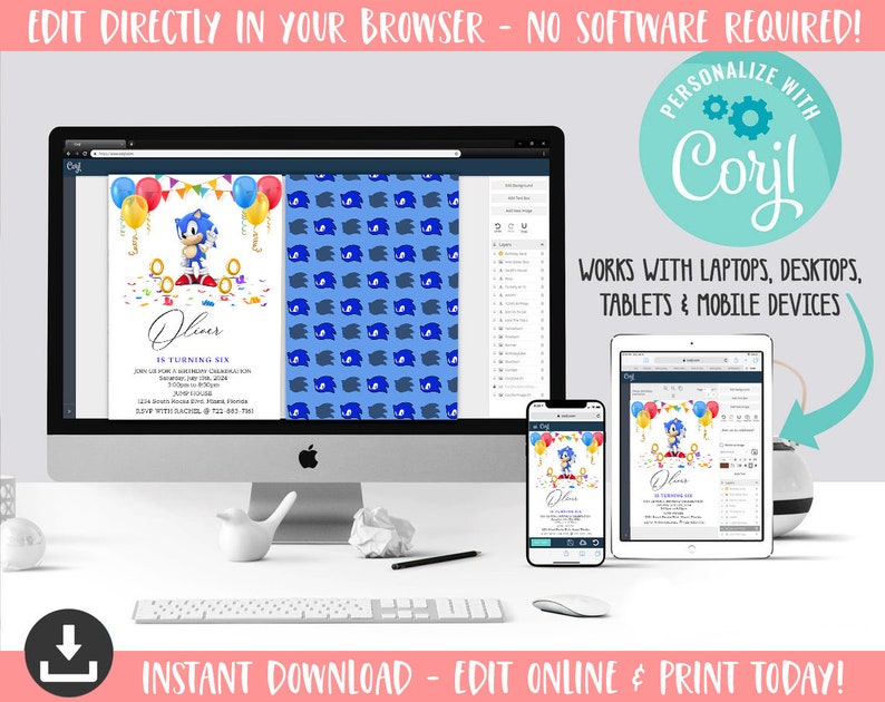 May include: A digital mockup of a Sonic the Hedgehog birthday invitation. The invitation is displayed on a computer screen, tablet, and smartphone. The invitation features a blue and white background with a cartoon image of Sonic the Hedgehog. The text on the invitation reads "Oliver is turning six".