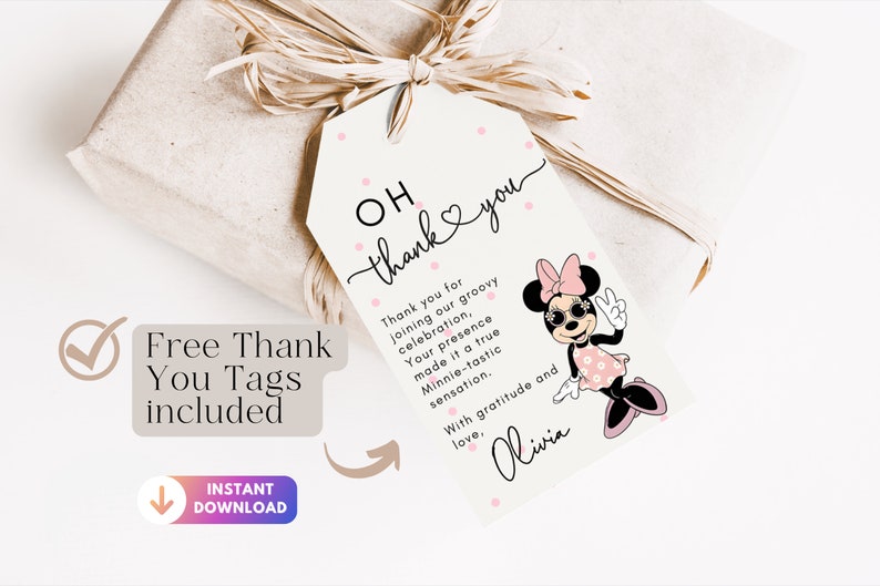 K&ouml;nnte beinhalten: Ein wei&szlig;es Dankesch&ouml;n-Etikett mit rosa Punkten und einer Cartoon-Illustration von Minnie Mouse mit Sonnenbrille und einer rosa Schleife. Der Text auf dem Etikett lautet "OH thank you" und "Thank you for joining our groovy celebration, Your presence made it a true Minnie-tastic sensation. With gratitude and love, Olivia."