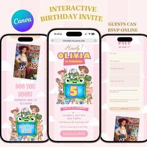K&ouml;nnte beinhalten: Drei Smartphones zeigen eine interaktive digitale Geburtstagseinladung mit rosa Wolkenhintergrund. Die Bildschirme zeigen Toy Story-Figuren, den Text Howdy! OLIVIA IS TURNING, Veranstaltungsdetails, ein Kinderfoto und ein Online-RSVP-Formular.