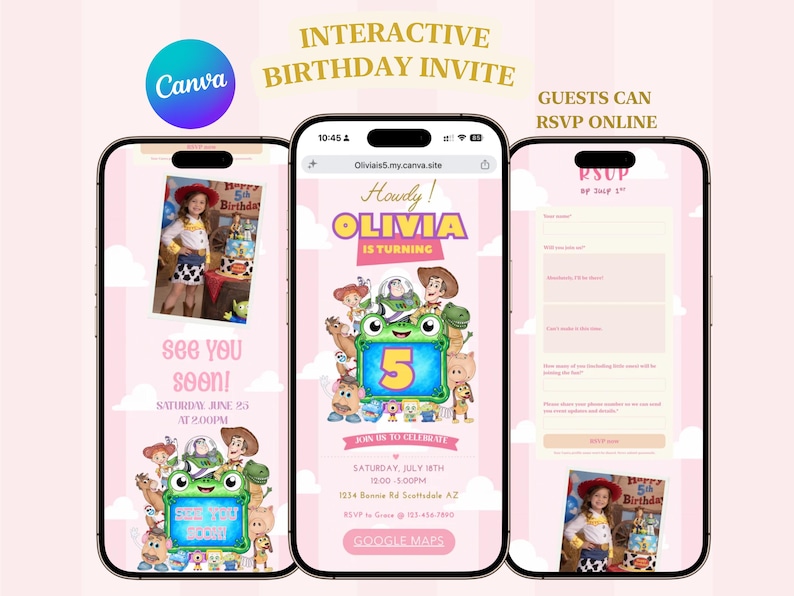 K&ouml;nnte beinhalten: Drei Smartphones zeigen eine interaktive digitale Geburtstagseinladung mit rosa Wolkenhintergrund. Die Bildschirme zeigen Toy Story-Figuren, den Text Howdy! OLIVIA IS TURNING, Veranstaltungsdetails, ein Kinderfoto und ein Online-RSVP-Formular.