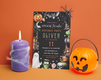May include: A black and white Halloween birthday party invitation with a spooky theme. The invitation features a haunted house, a ghost, a Frankenstein monster, a witch, a cauldron, and a pumpkin. The text on the invitation reads "Join us for a Spooktacular Birthday Party Oliver is turning 11 October 31 at 10:00 PM 123 Anywhere st., Any City, ST 12345 Let your inner ghoul shine Come in costume!"