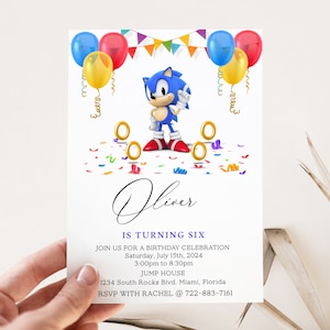 May include: A birthday invitation featuring Sonic the Hedgehog, colorful balloons, confetti, and gold rings. The invitation is for Oliver's sixth birthday party, which will be held on Saturday, July 15th, 2024, from 3:00pm to 8:30pm at Jump House. The address is 1234 South Rocks Blvd., Miami, Florida. RSVP with Rachel at 722-883-7161.