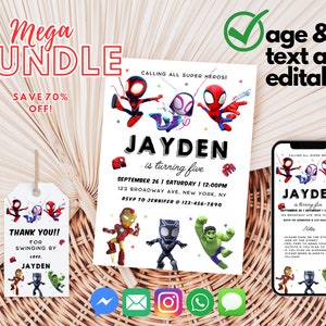 Invito di compleanno Tema ragno Invito digitale Invito stampabile modificabile per cinque anni Invito alla festa di 5° compleanno Spidey e i suoi amici