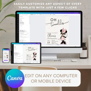 K&ouml;nnte beinhalten: Ein Computerbildschirm und ein Tablet zeigen eine anpassbare Einladungsvorlage mit einer Zeichentrick-Minnie Maus mit dem Text "OH twoodles Olivia's 2nd Birthday". Der Text "EDIT ON ANY COMPUTER OR MOBILE DEVICE" wird unter dem Bildschirm angezeigt.