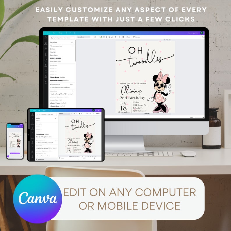 K&ouml;nnte beinhalten: Ein Computerbildschirm und ein Tablet zeigen eine anpassbare Einladungsvorlage mit einer Zeichentrick-Minnie Maus mit dem Text "OH twoodles Olivia's 2nd Birthday". Der Text "EDIT ON ANY COMPUTER OR MOBILE DEVICE" wird unter dem Bildschirm angezeigt.