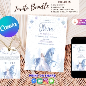 May include: Printable Frozen-themed party invitation bundle in a blue and white colour scheme. The bundle includes a 1.4x6 inch invite, a 2.5x7 inch invite, a 3.5x7 inch thank you card, and 4.2x3.5 inch thank you tags. The invitation features a picture of Elsa from Frozen with her horse.