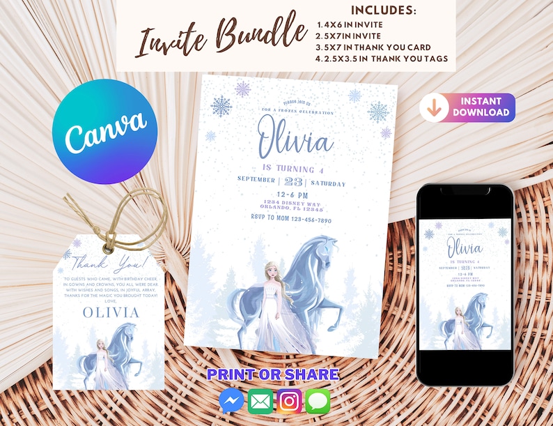 May include: Printable Frozen-themed party invitation bundle in a blue and white colour scheme. The bundle includes a 1.4x6 inch invite, a 2.5x7 inch invite, a 3.5x7 inch thank you card, and 4.2x3.5 inch thank you tags. The invitation features a picture of Elsa from Frozen with her horse.