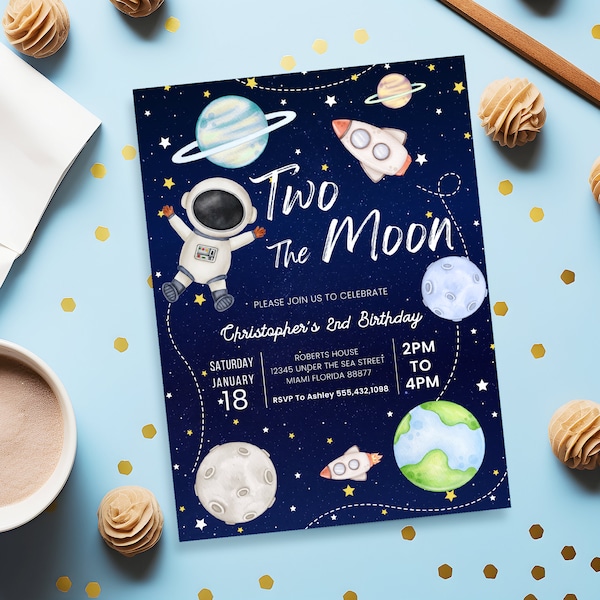 Space theme birthday bundle| Printable Birthday Invite | Space 2 Year Old Birthday | 2nd Birthday Invite | two the moon