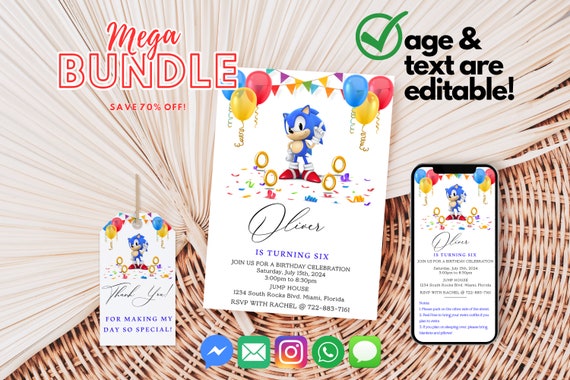 Sonic The Hedgehog Birthday invitation | Super Sonic Birthday Party Invites | E-invite | Digital invite | Card Invite | Sonic Birthday