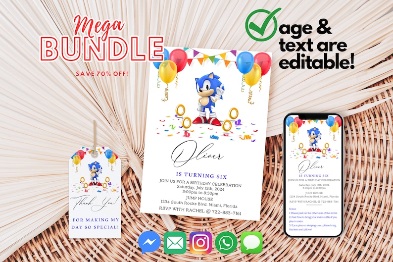 May include: A printable Sonic the Hedgehog birthday party invitation set. The set includes a thank you tag, a standard invitation, and a mobile invitation. The invitations feature a cartoon image of Sonic the Hedgehog with colorful balloons and confetti. The text on the invitations is editable. The invitations are perfect for a child's birthday party.