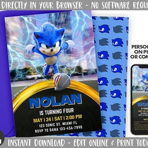 May include: A birthday party invitation featuring the character Sonic the Hedgehog. The invitation includes the name "Nolan", age, date, time, and address. The design is blue, yellow, and black with lightning effects. The text "Edit Directly in Your Browser" is at the top.