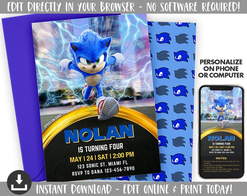 May include: A birthday party invitation featuring the character Sonic the Hedgehog. The invitation includes the name "Nolan", age, date, time, and address. The design is blue, yellow, and black with lightning effects. The text "Edit Directly in Your Browser" is at the top.