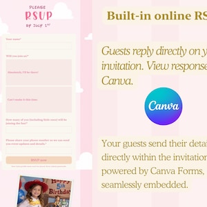K&ouml;nnte beinhalten: Eine digitale RSVP-Formularvorlage mit hellrosa Hintergrund und wei&szlig;en Wolken. Das Formular enth&auml;lt Felder f&uuml;r Name, Anwesenheitsstatus, G&auml;steanzahl und Telefonnummer sowie den Text Please RSVP by July 1st und RSVP now.