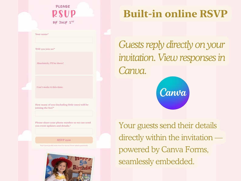 K&ouml;nnte beinhalten: Eine digitale RSVP-Formularvorlage mit hellrosa Hintergrund und wei&szlig;en Wolken. Das Formular enth&auml;lt Felder f&uuml;r Name, Anwesenheitsstatus, G&auml;steanzahl und Telefonnummer sowie den Text Please RSVP by July 1st und RSVP now.