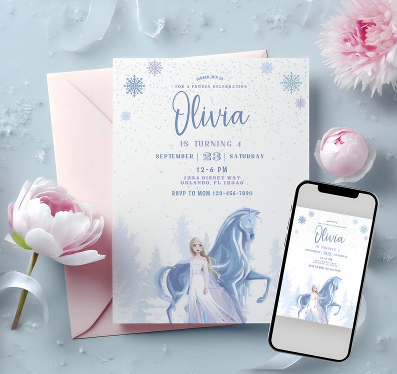 May include: Frozen themed birthday invitation featuring a blue and white illustration of Elsa from the movie Frozen. The invitation is for Olivia's 4th birthday party on 23rd September from 12-6 PM. The address is 1234 Disney Way, Orlando, FL 12345. RSVP to Mom at 123-456-7890.