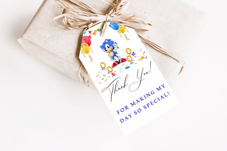 May include: A white thank you tag with a blue Sonic the Hedgehog character, gold rings, and colorful confetti. The text reads "Thank You! For making my day so special!"