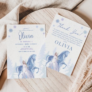 May include: Two blue and white invitation cards with a snowflake design. The card on the left says "Olivia is turning 4" and features an illustration of a girl with a horse. The card on the right says "Thank You!" and features the same illustration.