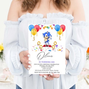 May include: A blue and white Sonic the Hedgehog birthday party invitation with colorful balloons, confetti, and the text "Oliver is turning six". The invitation includes the date, time, location, and RSVP information.