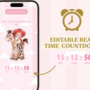 K&ouml;nnte beinhalten: Ein Smartphone-Bildschirm zeigt eine digitale Einladung mit rosa Hintergrund, wei&szlig;en Wolken und einer gezeichneten Cowgirl auf einem Pferd. Der Text lautet CAN'T WAIT TO CELEBRATE WITH YOU und zeigt einen bearbeitbaren Echtzeit-Countdown von 15 Tagen, 12 Stunden und 50 Minuten.