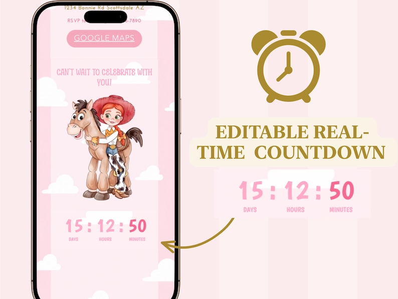 K&ouml;nnte beinhalten: Ein Smartphone-Bildschirm zeigt eine digitale Einladung mit rosa Hintergrund, wei&szlig;en Wolken und einer gezeichneten Cowgirl auf einem Pferd. Der Text lautet CAN'T WAIT TO CELEBRATE WITH YOU und zeigt einen bearbeitbaren Echtzeit-Countdown von 15 Tagen, 12 Stunden und 50 Minuten.