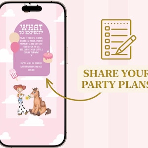 K&ouml;nnte beinhalten: Ein Smartphone-Bildschirm zeigt eine rosa Partyeinladung mit einer Cowgirl-Figur und einem Pferd sowie dem Text WHAT TO EXPECT und Details. Ein goldenes Checklisten-Symbol und der Text SHARE YOUR PARTY PLANS sind rechts zu sehen.