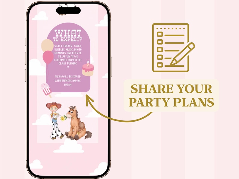 K&ouml;nnte beinhalten: Ein Smartphone-Bildschirm zeigt eine rosa Partyeinladung mit einer Cowgirl-Figur und einem Pferd sowie dem Text WHAT TO EXPECT und Details. Ein goldenes Checklisten-Symbol und der Text SHARE YOUR PARTY PLANS sind rechts zu sehen.