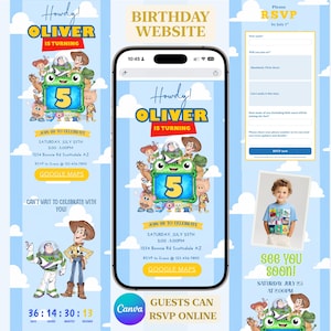 May include: A digital birthday invitation website template for a 5th birthday party featuring Toy Story characters, a blue sky background with white clouds, and text reading Howdy! OLIVER IS TURNING 5, including an RSVP form and countdown timer.