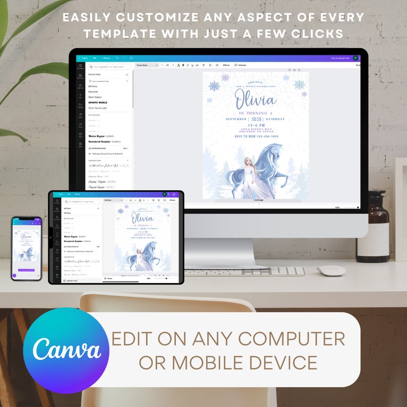 May include: A digital design template for a Frozen-themed birthday invitation. The template features a blue and white background with snowflakes and a picture of Elsa from the movie Frozen. The text on the template reads "Olivia in turning 4 September 28, 2023 12-4 PM".