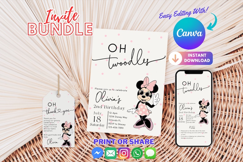 K&ouml;nnte beinhalten: Ein druckbares Einladungs-Set f&uuml;r eine 2. Geburtstagsfeier mit rosa-wei&szlig;em Polka-Dot-Hintergrund und einem Cartoon-Bild von Minnie Mouse mit Sonnenbrille. Der Text auf der Einladung lautet "OH twoodles Olivia's 2nd Birthday".