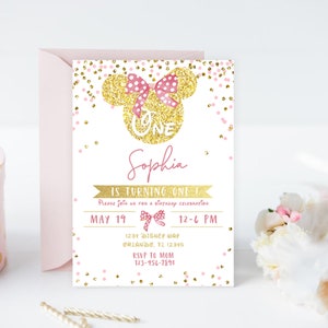 Birthday Invite for 1 Year Old Girl Printable 1st Birthday Invitation Mouse Theme Party Invite Editable Digital Minimal Pink Digital Card
