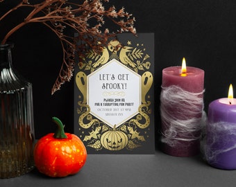 May include: A black and gold Halloween party invitation with the text "Let's Get Spooky!" and details for a "Trick or Treating Fun Party" on October 31st at 9pm at Mission Inn.