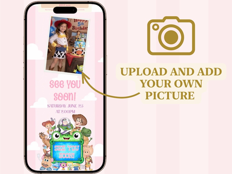 K&ouml;nnte beinhalten: Ein Smartphone-Bildschirm zeigt eine digitale Einladungsvorlage mit rosa Hintergrund und wei&szlig;en Wolken. Die Einladung enth&auml;lt Zeichentrickfiguren, den Text "see you soon!", "SATURDAY JUNE 25 AT 2:00PM" und einen Platzhalter f&uuml;r ein Foto.