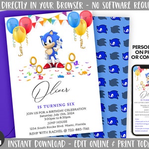 May include: Editable Sonic the Hedgehog birthday party invitation with blue, red, yellow, and white colors. The invitation features a cartoon image of Sonic the Hedgehog, confetti, and balloons. The text on the invitation reads "Oliver is turning six".
