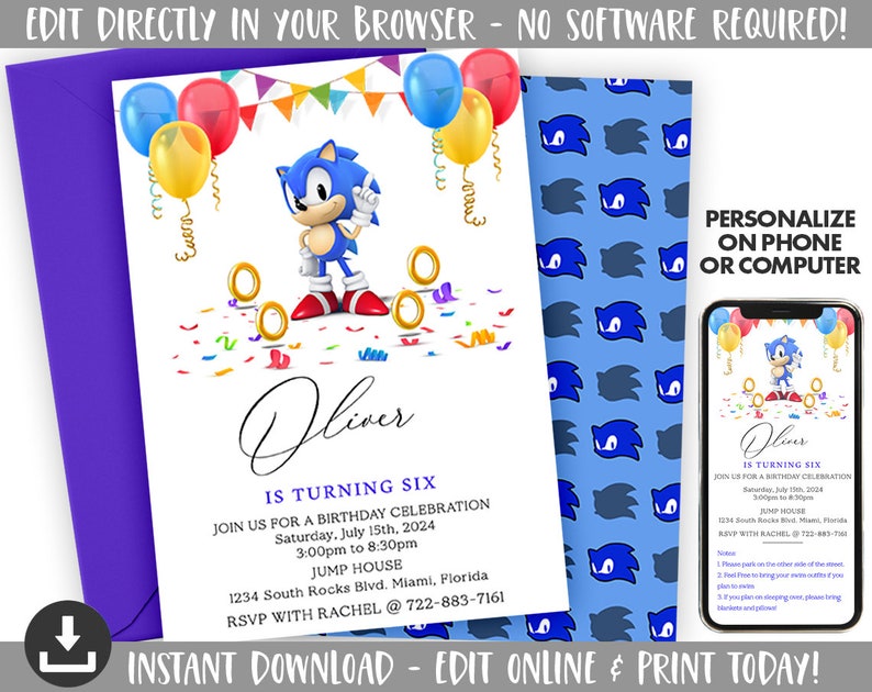 May include: Editable Sonic the Hedgehog birthday party invitation with blue, red, yellow, and white colors. The invitation features a cartoon image of Sonic the Hedgehog, confetti, and balloons. The text on the invitation reads "Oliver is turning six".