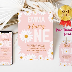1 Geburtstag | Daisy Mädchen Geburtstag einladen | Retro Daisy ersten Geburtstag Party Einladungen | Druckbare Sofort-Download | Bearbeitbare Vorlage