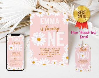 1st Birthday | Daisy Girl Birthday Invite | Retro Daisy First Birthday Party Invitations | Printable Instant Download | Editable Template