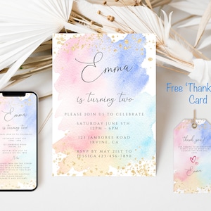 1 Geburtstag | Geburtstag | Regenbogen Geburtstagseinladung | Bunte Aquarell-Gold-Glitzer-Streuseln | Ombre Pastell Einladung