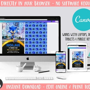 May include: A computer screen displays a birthday invitation featuring Sonic the Hedgehog. The invitation includes the name "Nolan", event details, and the text "EDIT DIRECTLY IN YOUR BROWSER - NO SOFTWARE REQUIRED!" and "INSTANT DOWNLOAD - EDIT ONLINE & PRINT TODAY!".
