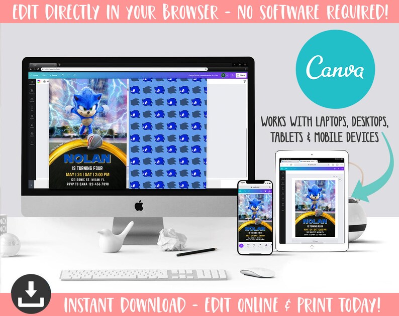 May include: A computer screen displays a birthday invitation featuring Sonic the Hedgehog. The invitation includes the name "Nolan", event details, and the text "EDIT DIRECTLY IN YOUR BROWSER - NO SOFTWARE REQUIRED!" and "INSTANT DOWNLOAD - EDIT ONLINE & PRINT TODAY!".