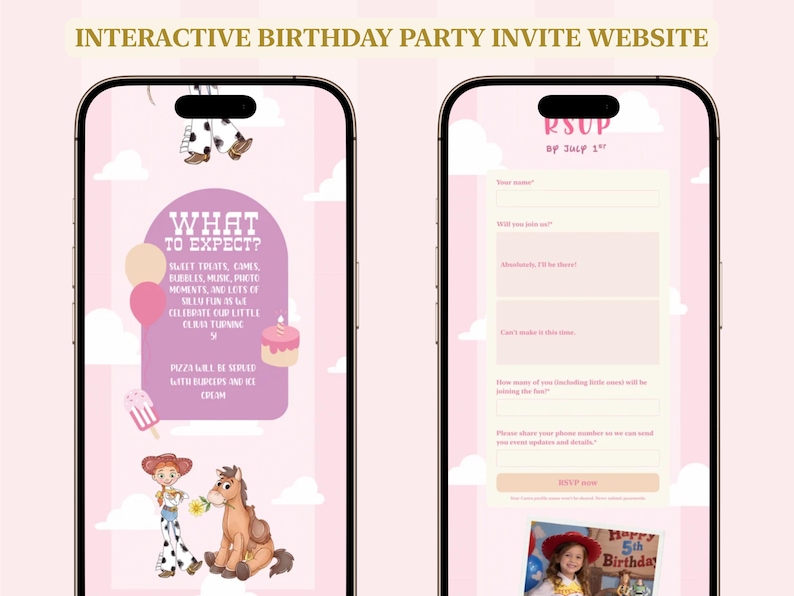 K&ouml;nnte beinhalten: Zwei Smartphones zeigen eine interaktive Website f&uuml;r Geburtstagseinladungen mit rosa Wolkenhintergrund. Die Bildschirme enthalten Text wie WHAT TO EXPECT, RSVP und Party-Details sowie Illustrationen einer Cowgirl-Figur und eines Pferdes.