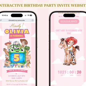 K&ouml;nnte beinhalten: Zwei Smartphones zeigen eine interaktive Website f&uuml;r Geburtstagseinladungen mit hellrosa Hintergrund und wei&szlig;en Wolken. Der Bildschirm zeigt animierte Figuren, den Text Howdy! OLIVIA IS TURNING 5, Veranstaltungsdetails und einen Countdown-Timer.