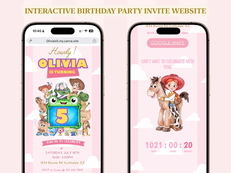 K&ouml;nnte beinhalten: Zwei Smartphones zeigen eine interaktive Website f&uuml;r Geburtstagseinladungen mit hellrosa Hintergrund und wei&szlig;en Wolken. Der Bildschirm zeigt animierte Figuren, den Text Howdy! OLIVIA IS TURNING 5, Veranstaltungsdetails und einen Countdown-Timer.