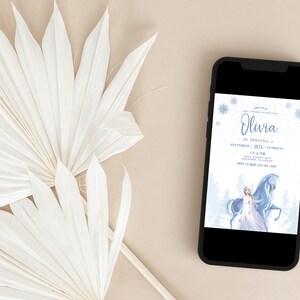 May include: A blue and white digital invitation for a birthday party. The invitation features a cartoon image of a princess from the movie Frozen, riding a white horse. The text on the invitation reads "Olivia is turning 4, September 1, 2023, Saturday, 12-4 PM".