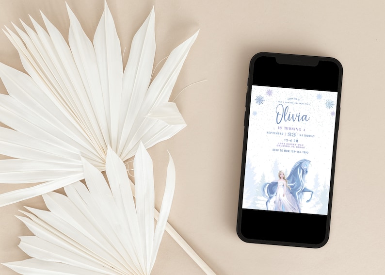 May include: A blue and white digital invitation for a birthday party. The invitation features a cartoon image of a princess from the movie Frozen, riding a white horse. The text on the invitation reads "Olivia is turning 4, September 1, 2023, Saturday, 12-4 PM".