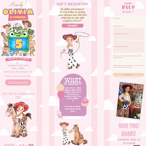 K&ouml;nnte beinhalten: Eine digitale Geburtstagseinladungsvorlage mit rosa gestreiftem Hintergrund und Wolken. Sie enth&auml;lt Illustrationen von Toy Story-Figuren, den Text Olivia is turning 5, Veranstaltungsdetails, eine Geschenkliste, ein RSVP-Formular und ein Kinderfoto.