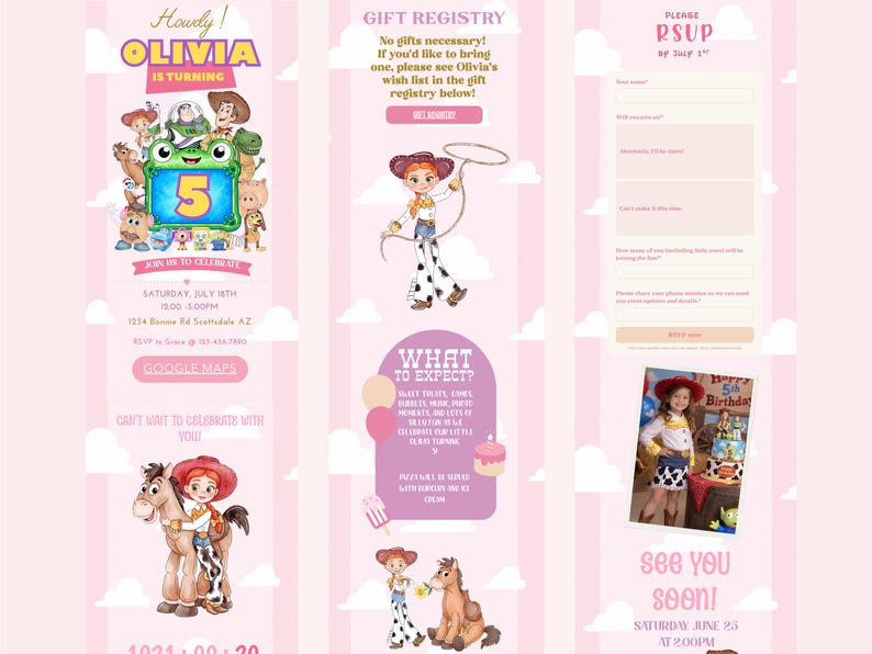 K&ouml;nnte beinhalten: Eine digitale Geburtstagseinladungsvorlage mit rosa gestreiftem Hintergrund und Wolken. Sie enth&auml;lt Illustrationen von Toy Story-Figuren, den Text Olivia is turning 5, Veranstaltungsdetails, eine Geschenkliste, ein RSVP-Formular und ein Kinderfoto.