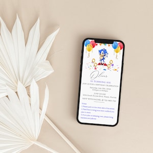 May include: A blue and white Sonic the Hedgehog birthday invitation with colorful balloons and confetti. The invitation says "Oliver is turning six" and includes the date, time, and location of the party. RSVP with Rachel at 722-883-7361.